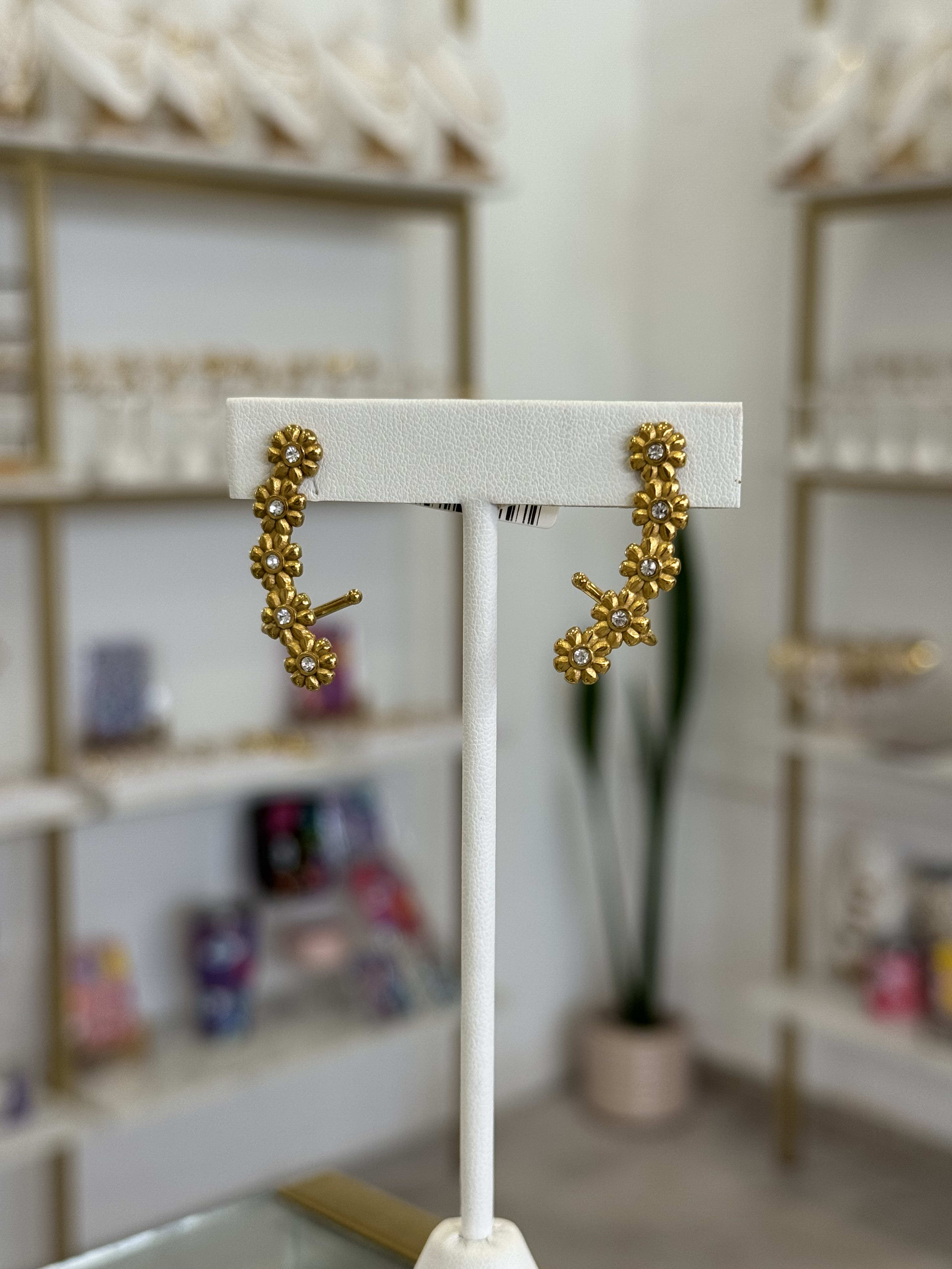 Aretes Flores Trepadoras Zirconias Dorados Elegantes