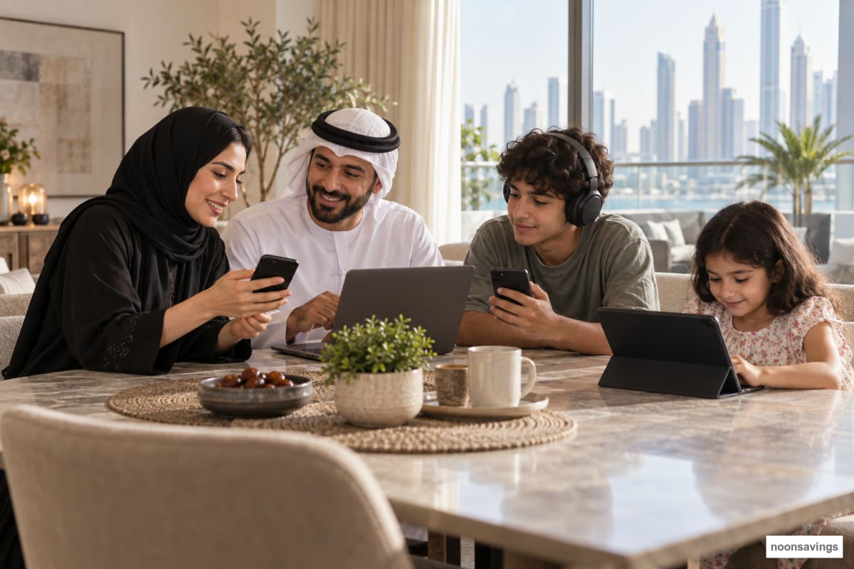 Family reviewing mobile-data needs across phones, a laptop and a tablet at home in the UAE