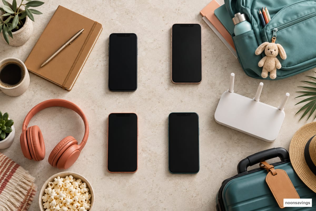 Four phones arranged with work, school, entertainment, home Wi-Fi and travel items to represent different family needs