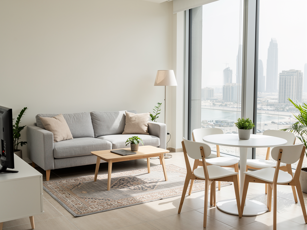 Bright and modern apartment interior in Dubai with city views