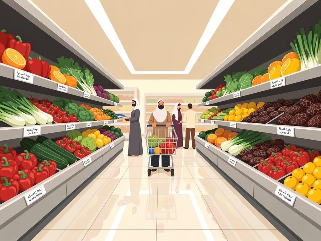 Clean and organised supermarket aisle with fresh produce in Dubai