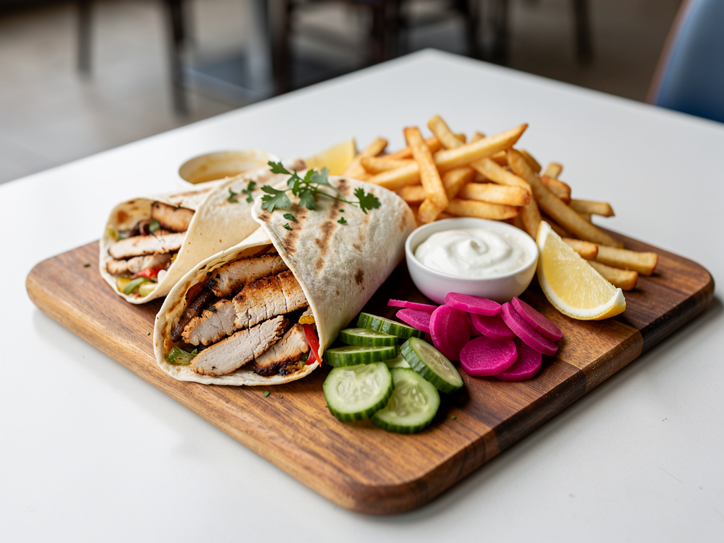 Shawarma platter with fries, pickles, and garlic sauce in Dubai