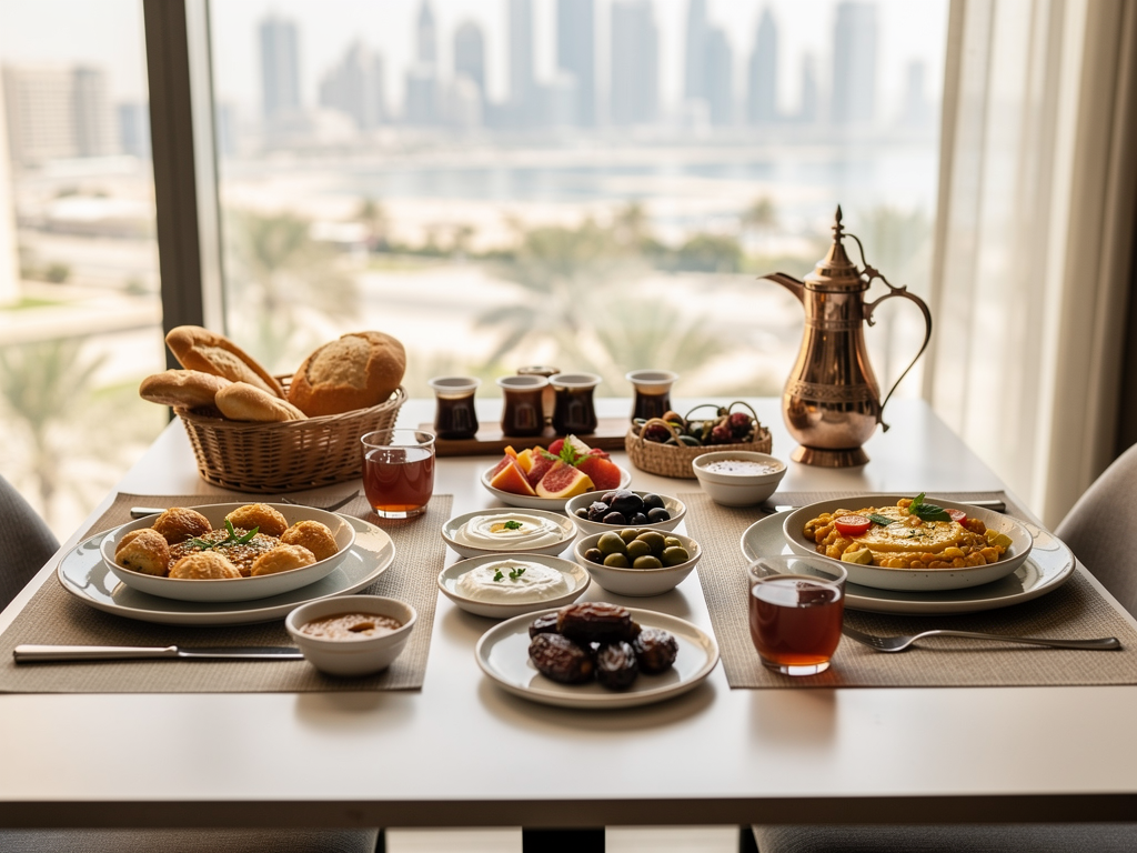 Traditional breakfast spread in Dubai with Emirati dishes, tea, bread, and dates