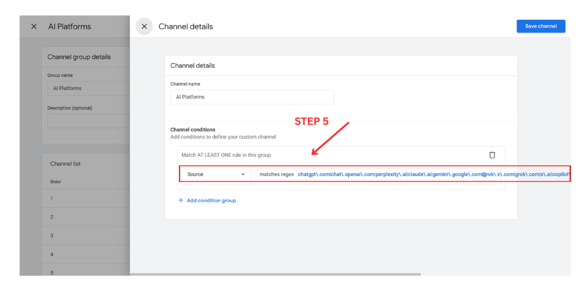 GA4 Method 2 Step 5: paste the AI regex covering chatgpt.com claude.ai perplexity.ai gemini.google.com grok.com copilot.microsoft.com meta.ai deepseek.com mistral.ai and others