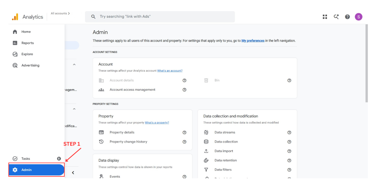 GA4 Method 2 Step 1: navigate to Admin then Data display then Channel groups to create a new custom channel group for AI traffic