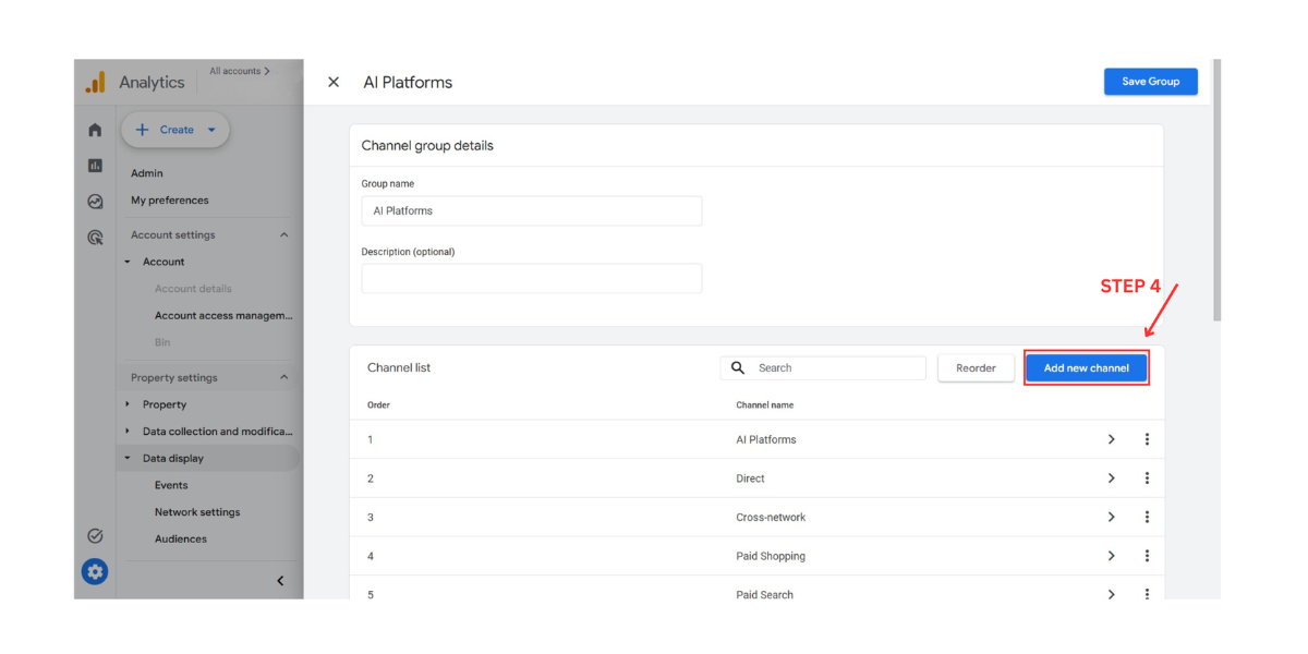 GA4 Method 2 Step 4: set the rule Session source matches regex and prepare to paste the AI assistants pattern