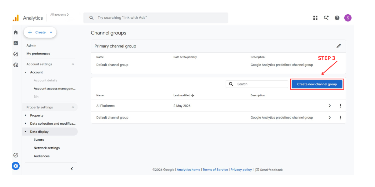 GA4 Method 2 Step 3: click Add new channel and name it AI Platforms