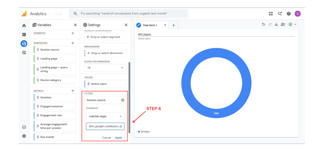 GA4 Method 3 Step 4: create a filter on Session source/medium matches regex and paste the AI assistants pattern
