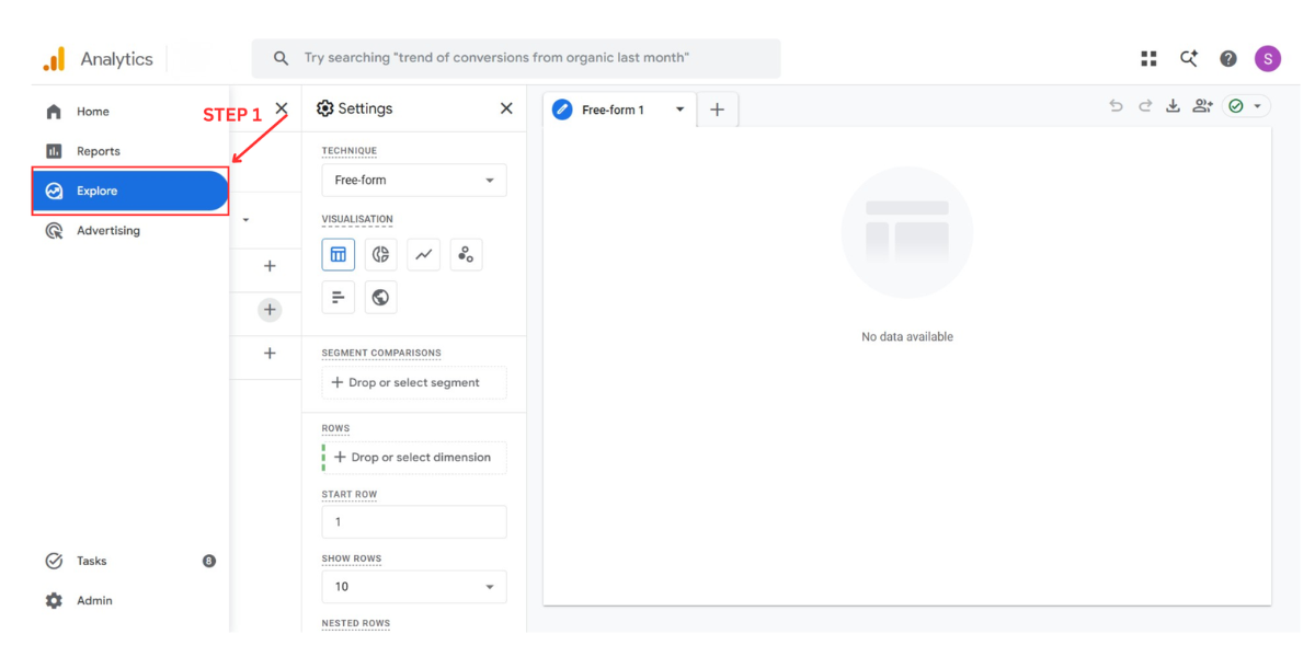 GA4 Method 3 Step 1: open Explore and create a blank exploration for the per-platform AI breakdown report