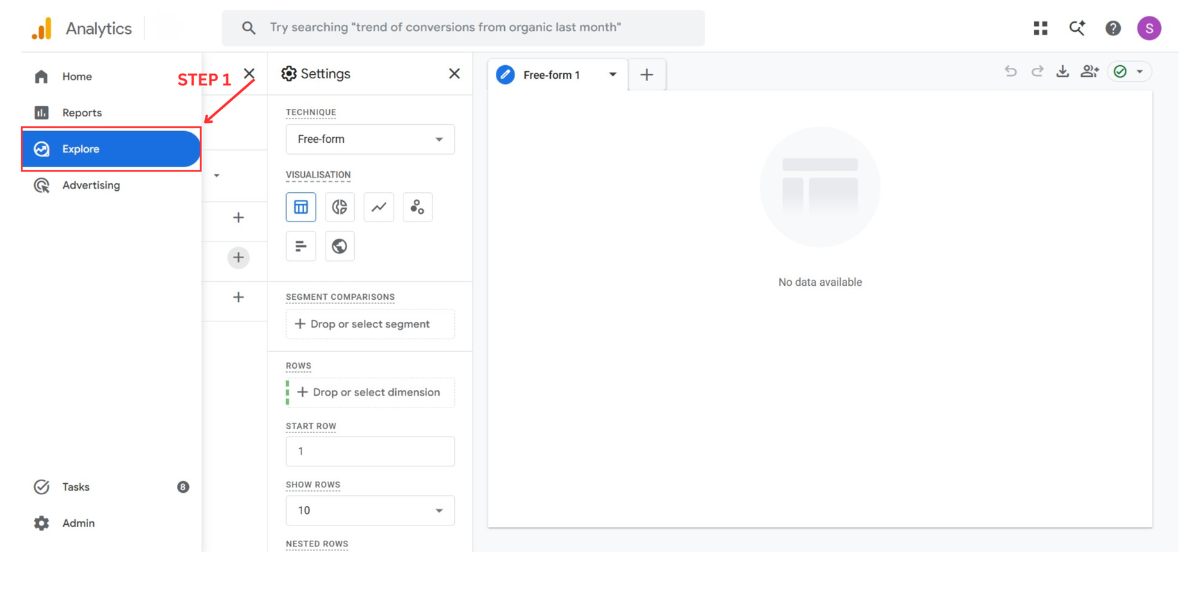 GA4 Method 4 Step 1: open Explore and create a blank exploration for the Dark AI Traffic segment