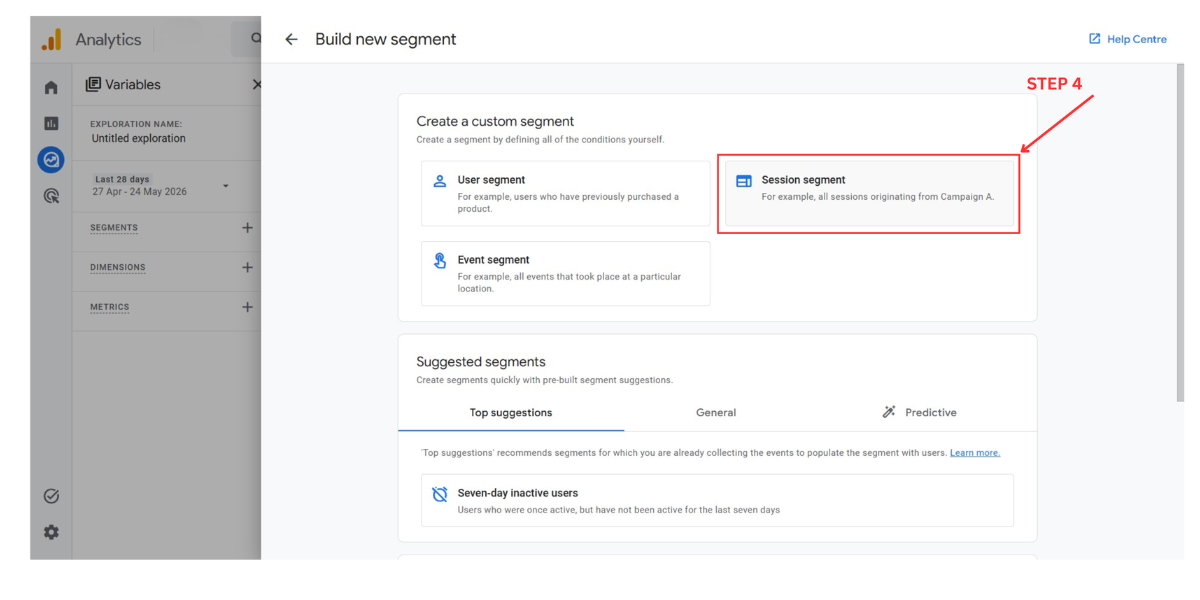 GA4 Method 4 Step 4: add filters Session source/medium exactly matches (direct)/(none) and Landing page does not exactly match /