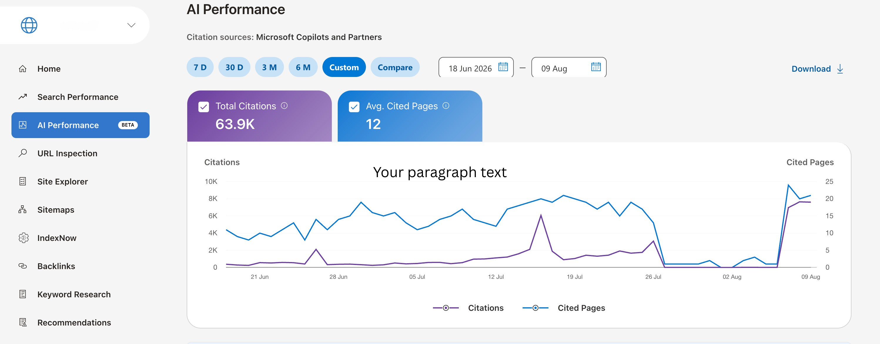 Bing Webmaster Tools AI Performance Overview showing the overnight citation collapse: citations dropping from 3,074 on July 26 to 3 on July 27, 2026, a 99.9% single-day decline in a B2B SaaS brand's AI citation visibility.
