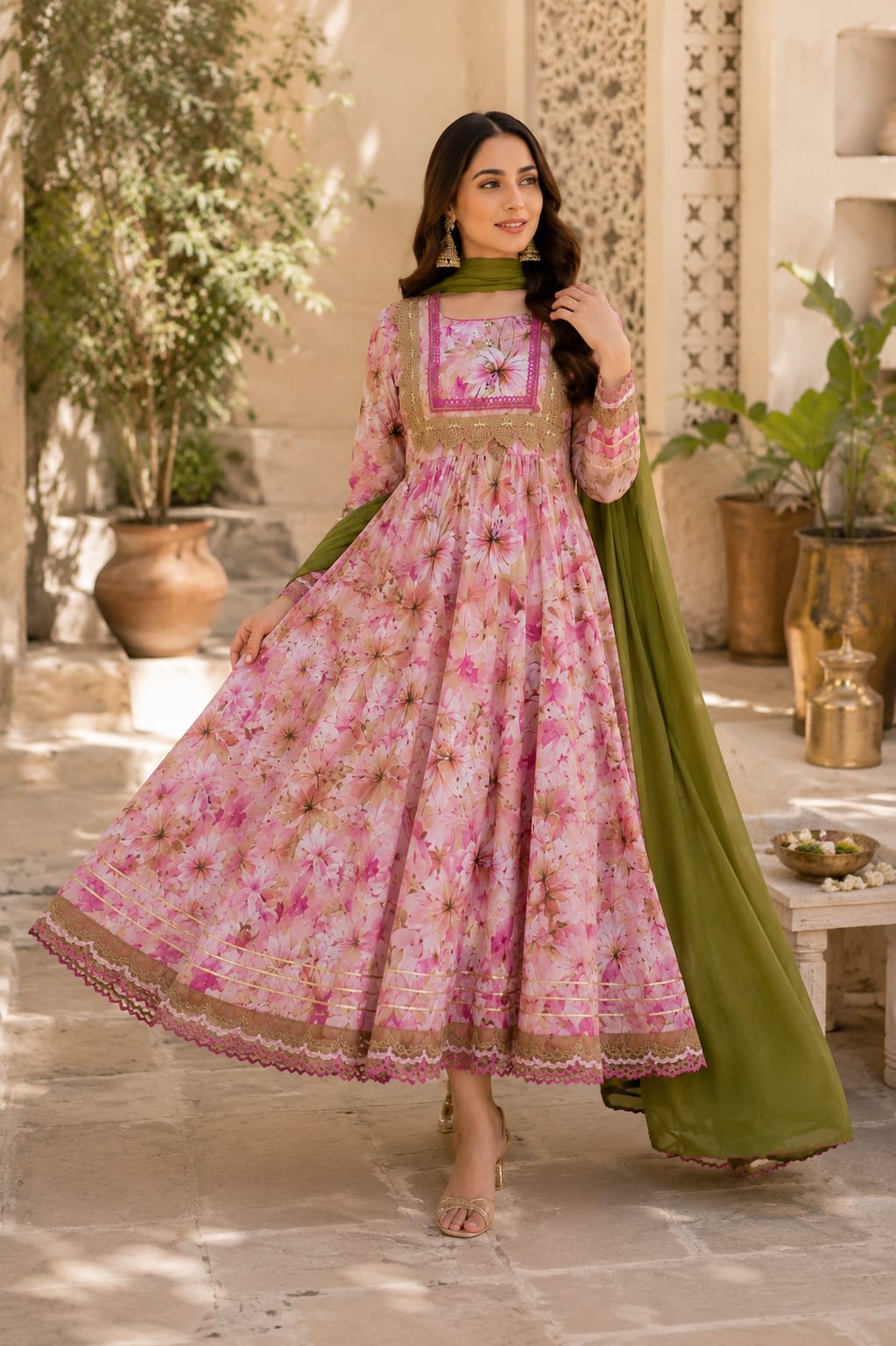 Pink floral printed lawn anarkali frock with olive green chiffon dupatta