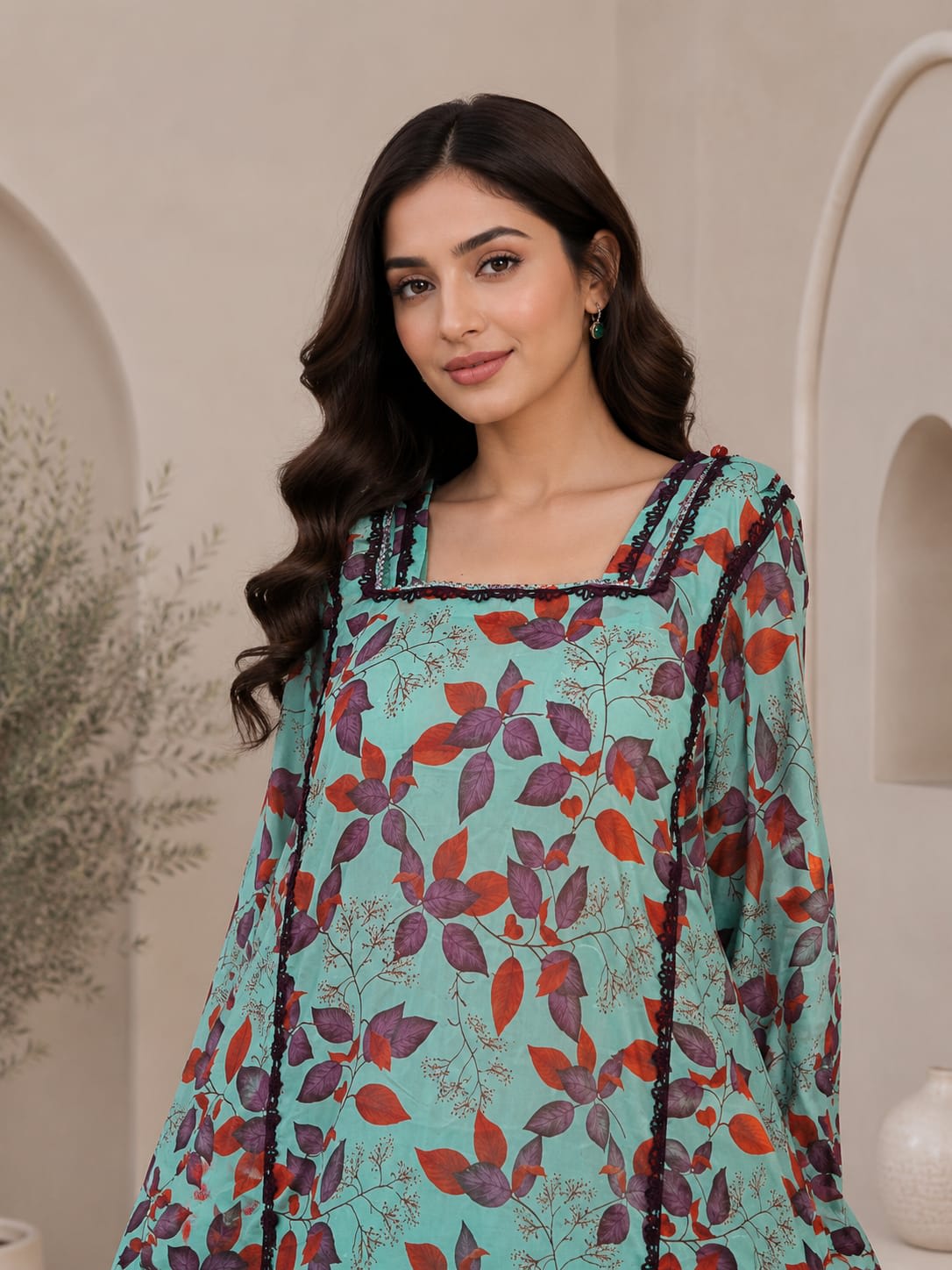 Turquoise 3 piece printed lawn suit with rust dupatta and lace borders