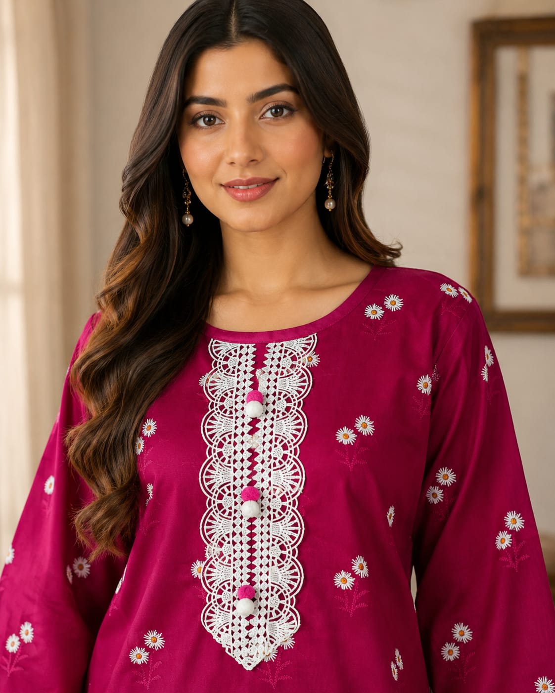 Magenta daisy embroidered lawn shirt with printed patiala trouser and white pom-pom dupatta