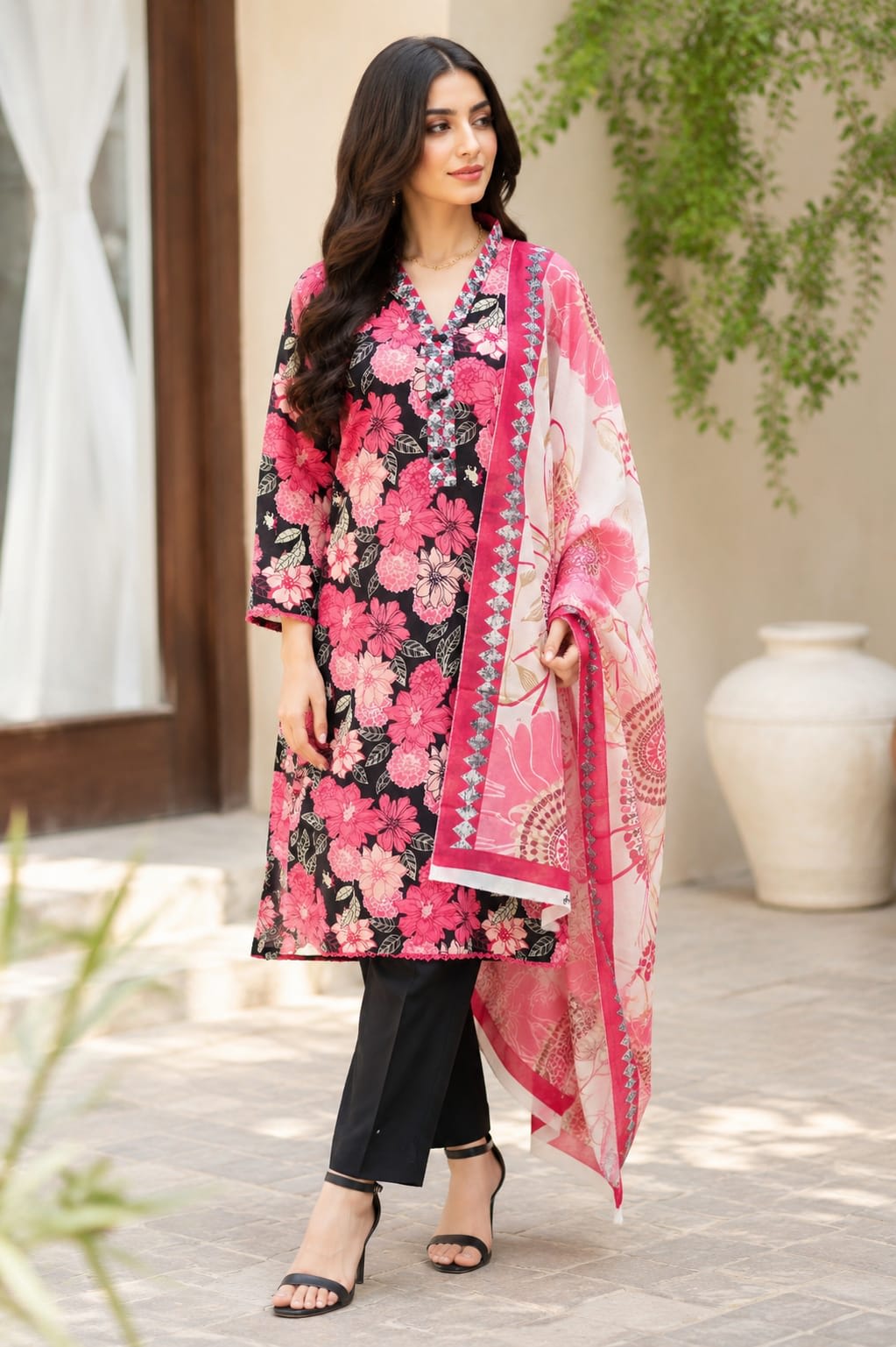 Full length front view of black and pink floral printed 3 piece lawn suit with white chiffon dupatta