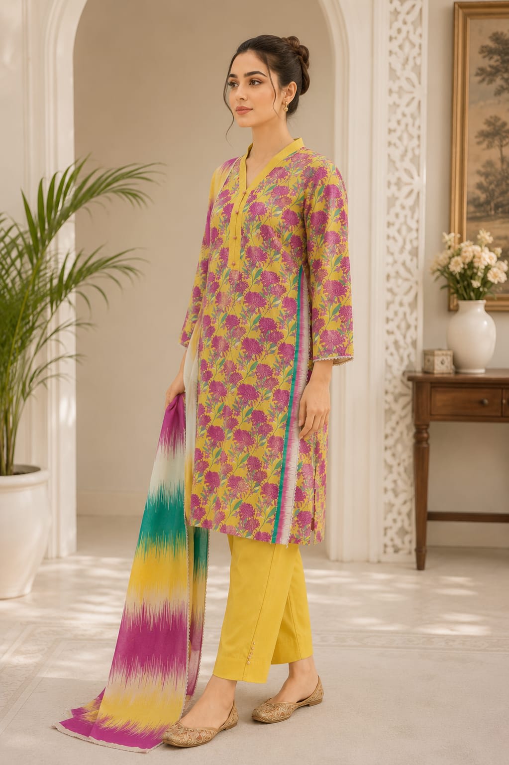 Side angle shot of a yellow floral printed kameez with straight yellow trousers and an ikat print dupatta