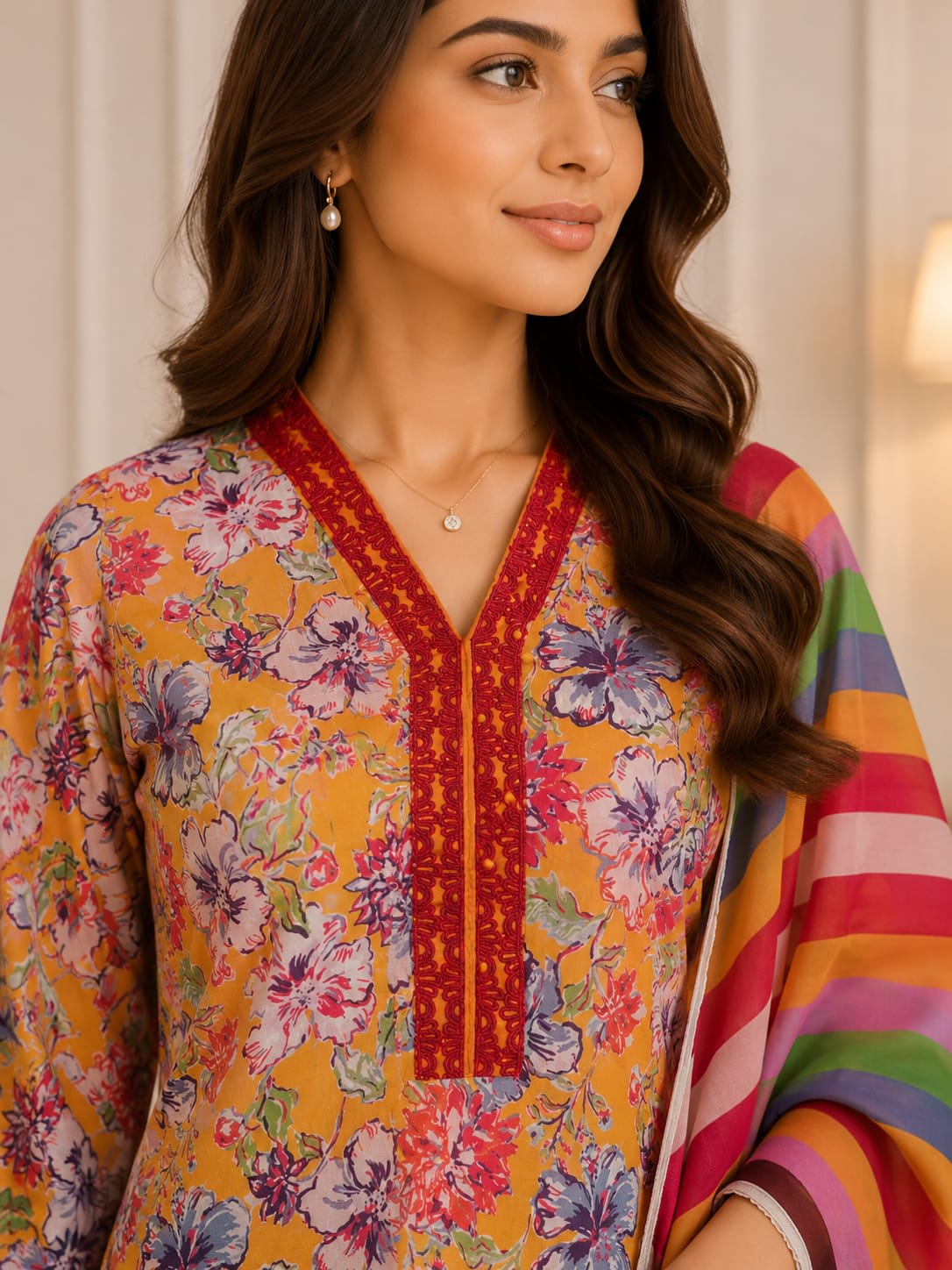 Close-up view of the split V-neckline with red embroidered lace detailing and yellow beads on a mustard floral shirt