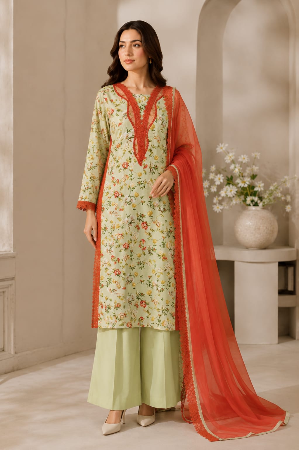  Full length front view of a model wearing a cyan blue 3-piece printed floral lawn suit with a pink printed dupatta