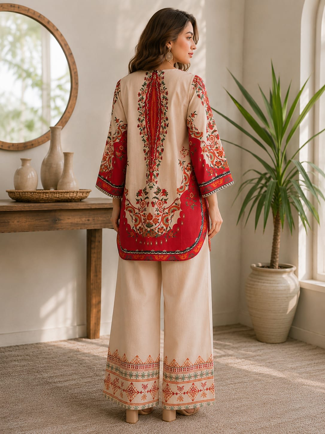 Side angle view of a model in a beige and red printed kurti showcasing the curved rounded hemline and printed trouser border