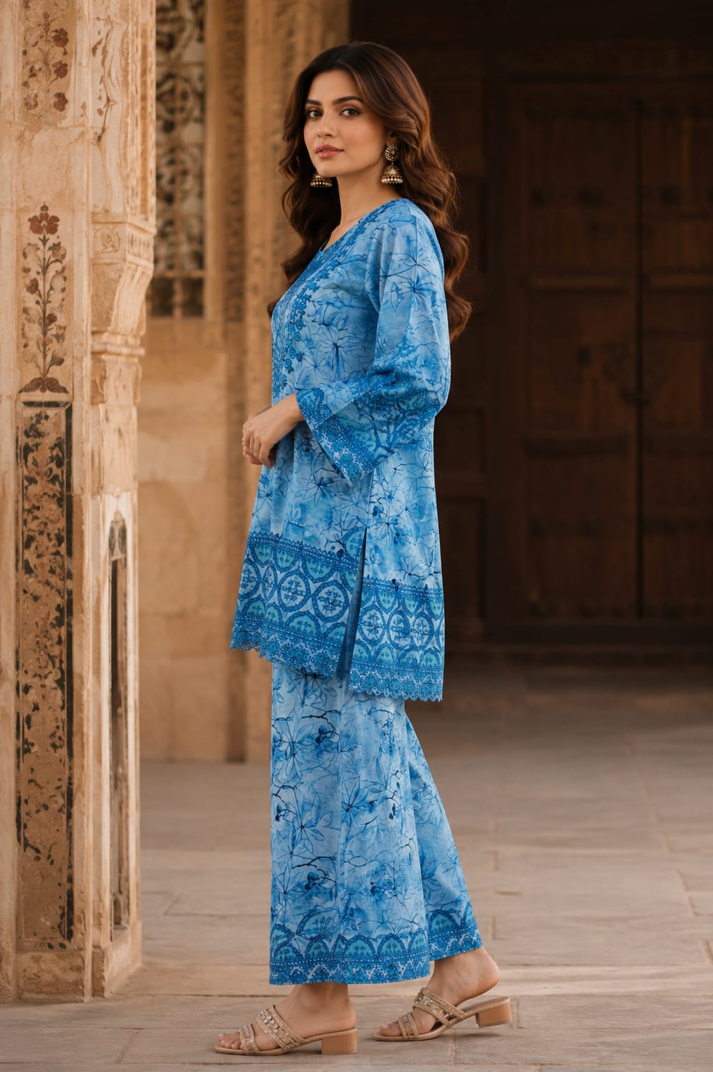 Full length front view of a model wearing a monochromatic blue printed and embroidered lawn suit with wide-leg trousers