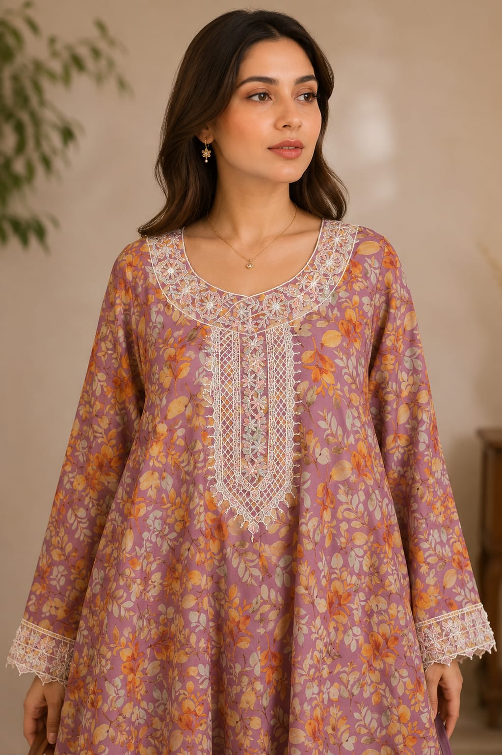 Full length front view of a model wearing a mauve printed floral frock-style lawn suit with a solid purple dupatta and wide-leg cream trousers.