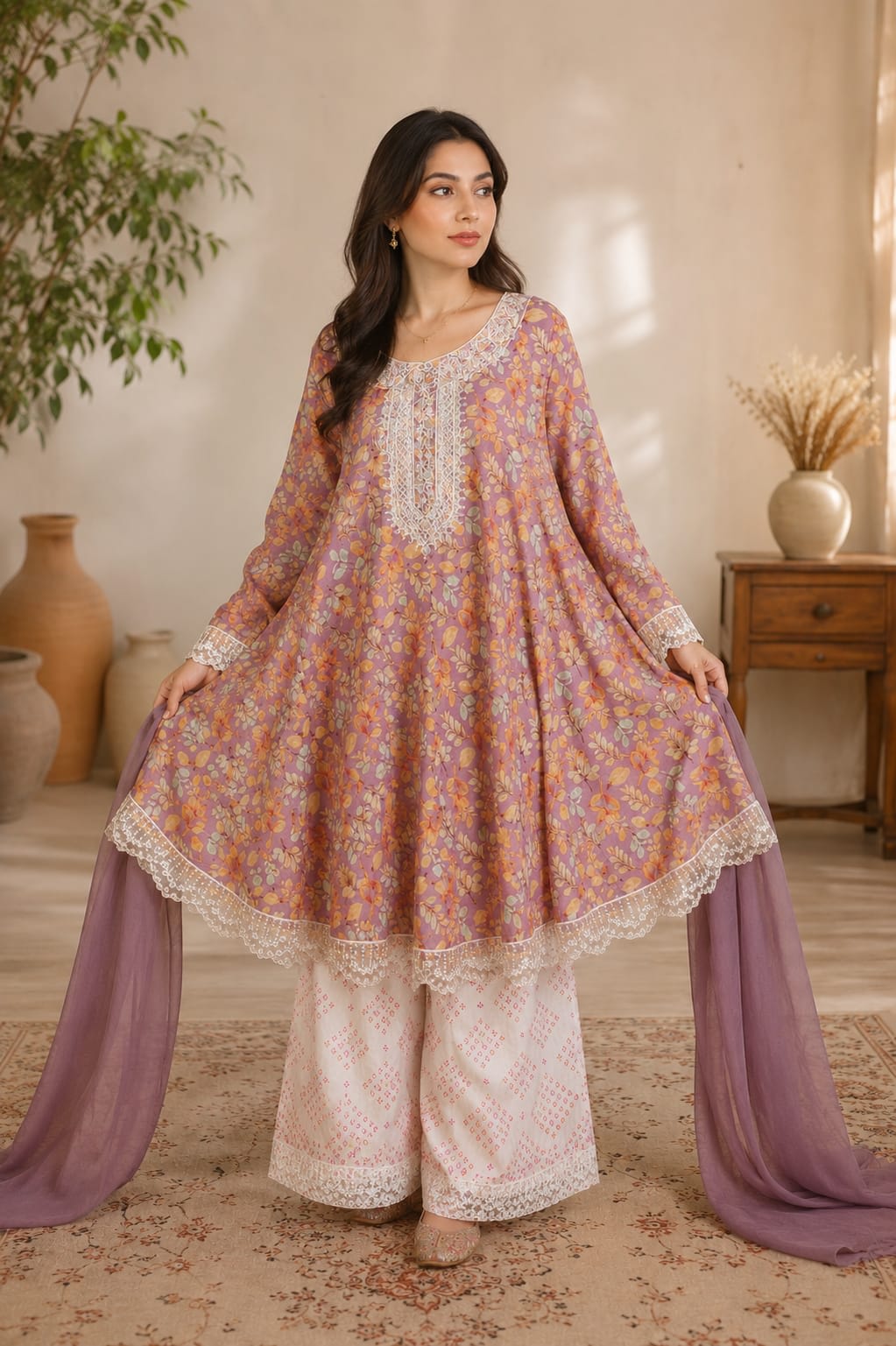 Full length front view of a model wearing a mauve printed floral frock-style lawn suit with a solid purple dupatta and wide-leg cream trousers.