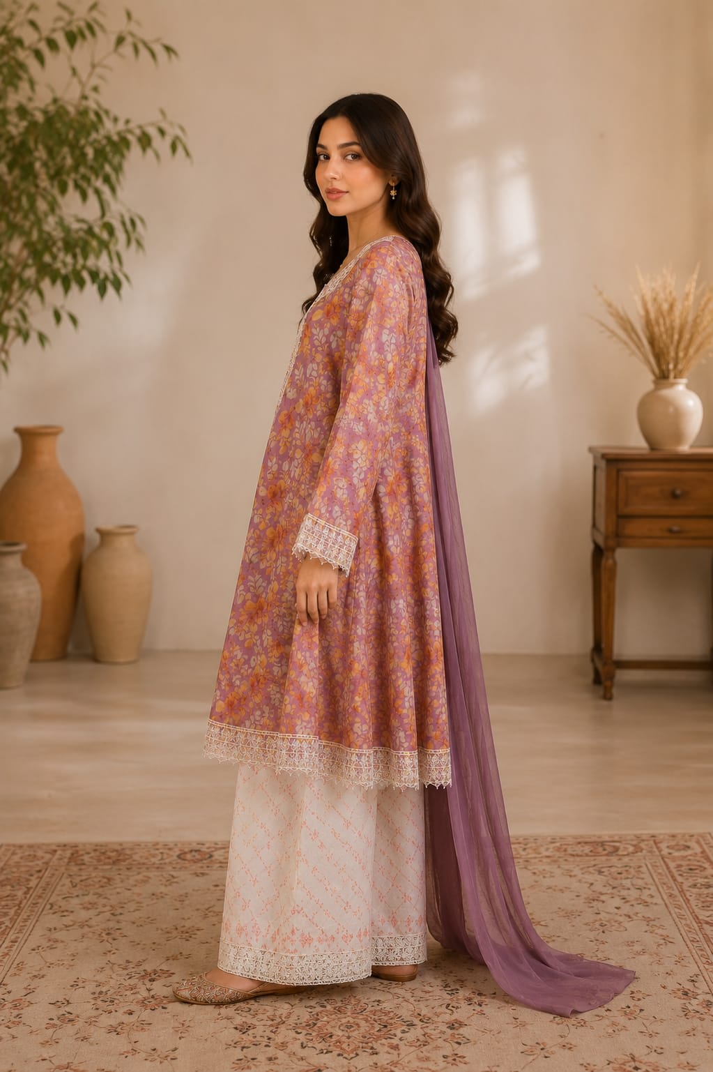 Full length front view of a model wearing a mauve printed floral frock-style lawn suit with a solid purple dupatta and wide-leg cream trousers.