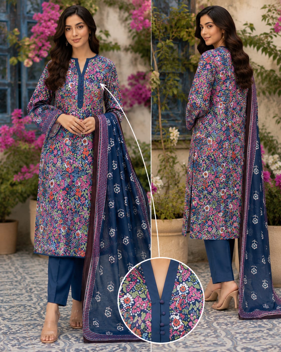 Full length front view of a model wearing a deep indigo blue 3-piece ditsy floral lawn suit while draping a matching printed dupatta