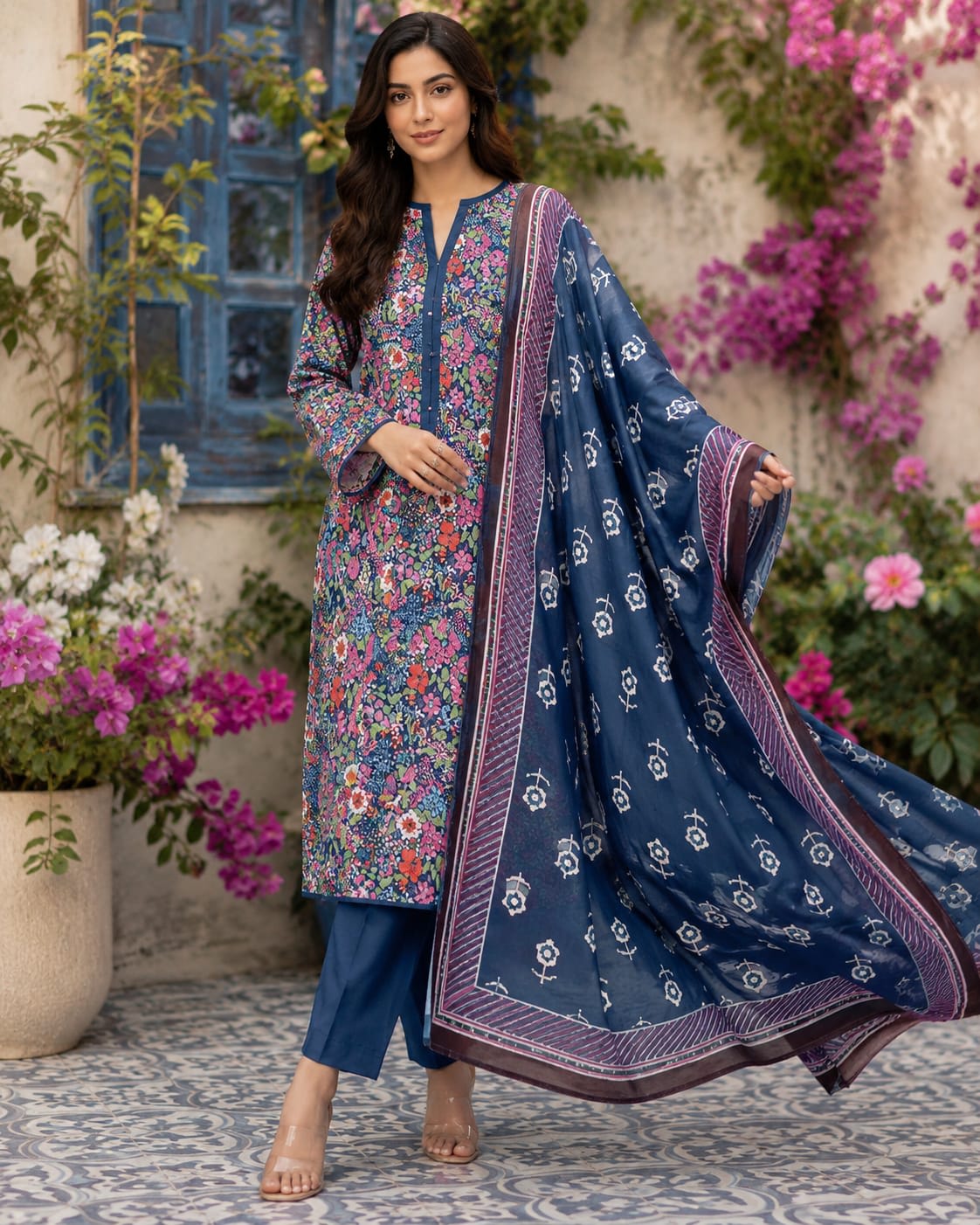 Full length front view of a model wearing a deep indigo blue 3-piece ditsy floral lawn suit while draping a matching printed dupatta