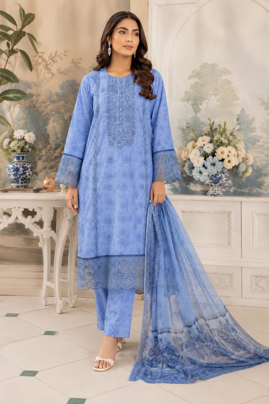 Full length front view of a model wearing a mint green 3-piece printed floral lawn suit with a coordinating printed dupatta