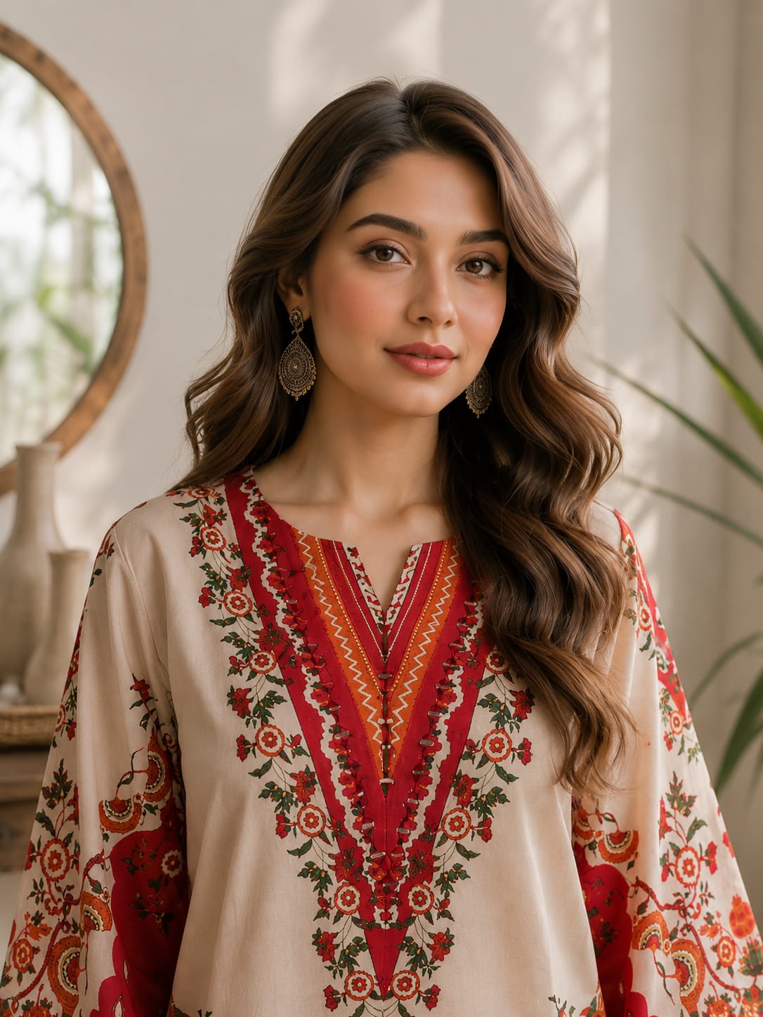 Full length back view of the beige and crimson red printed kameez showing the central vertical motif design