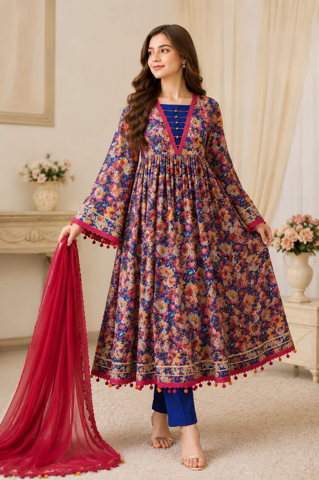 Full length front view of a model wearing a mint green 3-piece ditsy floral lawn suit with a matching geometric frame dupatta