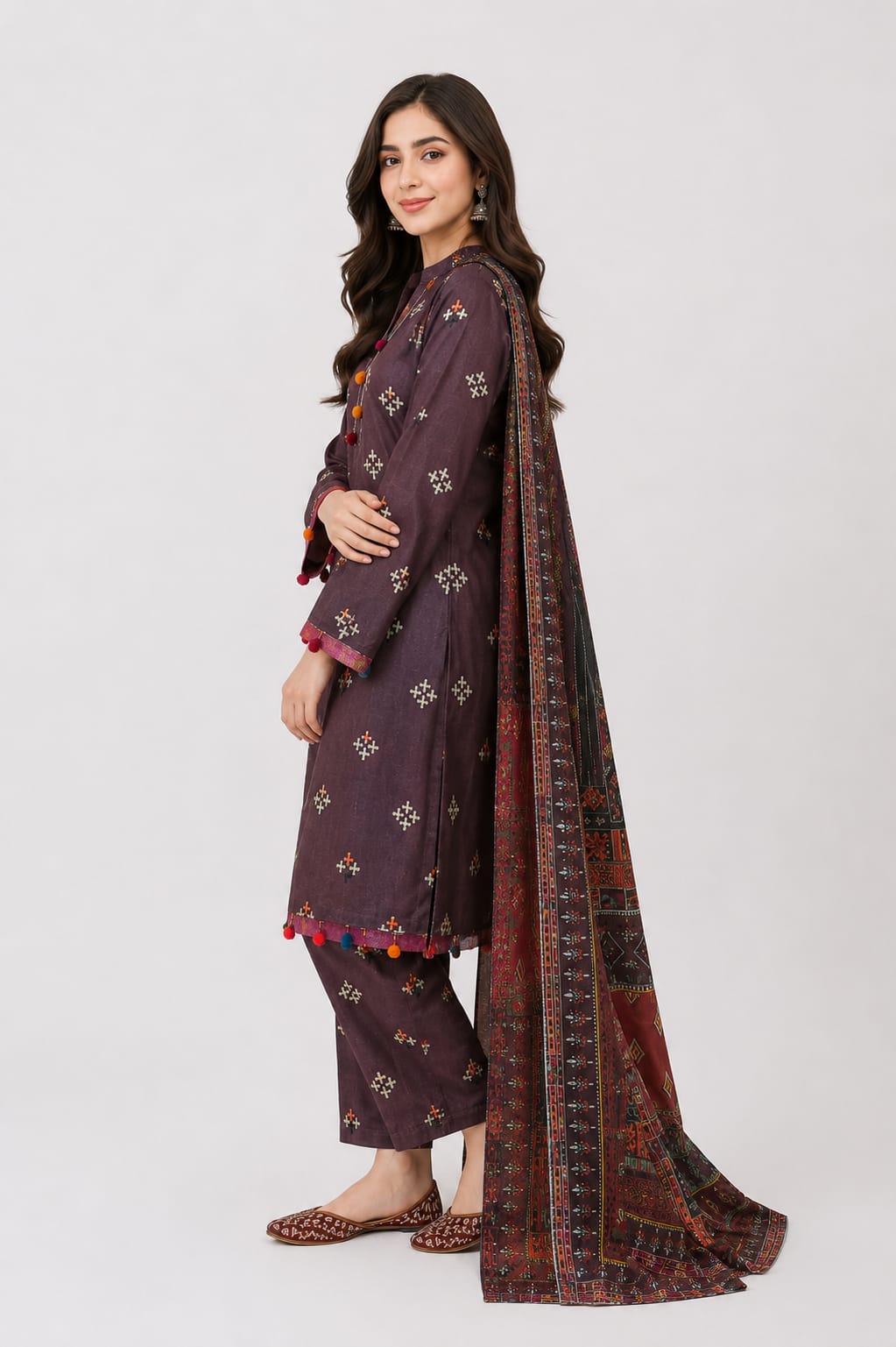 Full length front view of a model wearing a deep royal blue and ivory white geometric printed 3-piece lawn suit with a matching dupatta