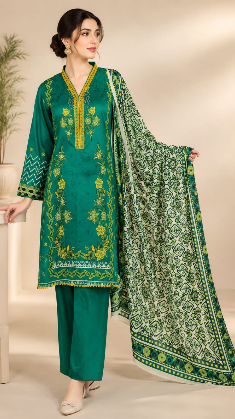 Full length front view of a model wearing a monochromatic white and black printed floral 3-piece lawn suit with a matching dupatta