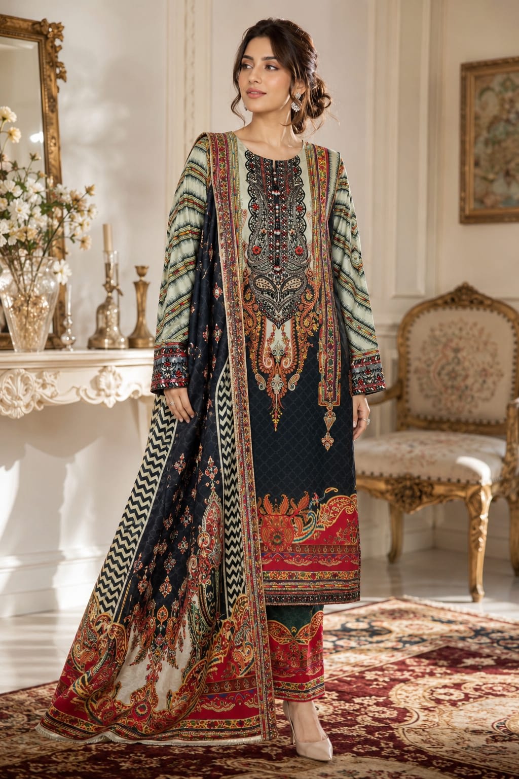 Full length front view of a model wearing an emerald green 3-piece printed floral lawn suit with a matching dupatta