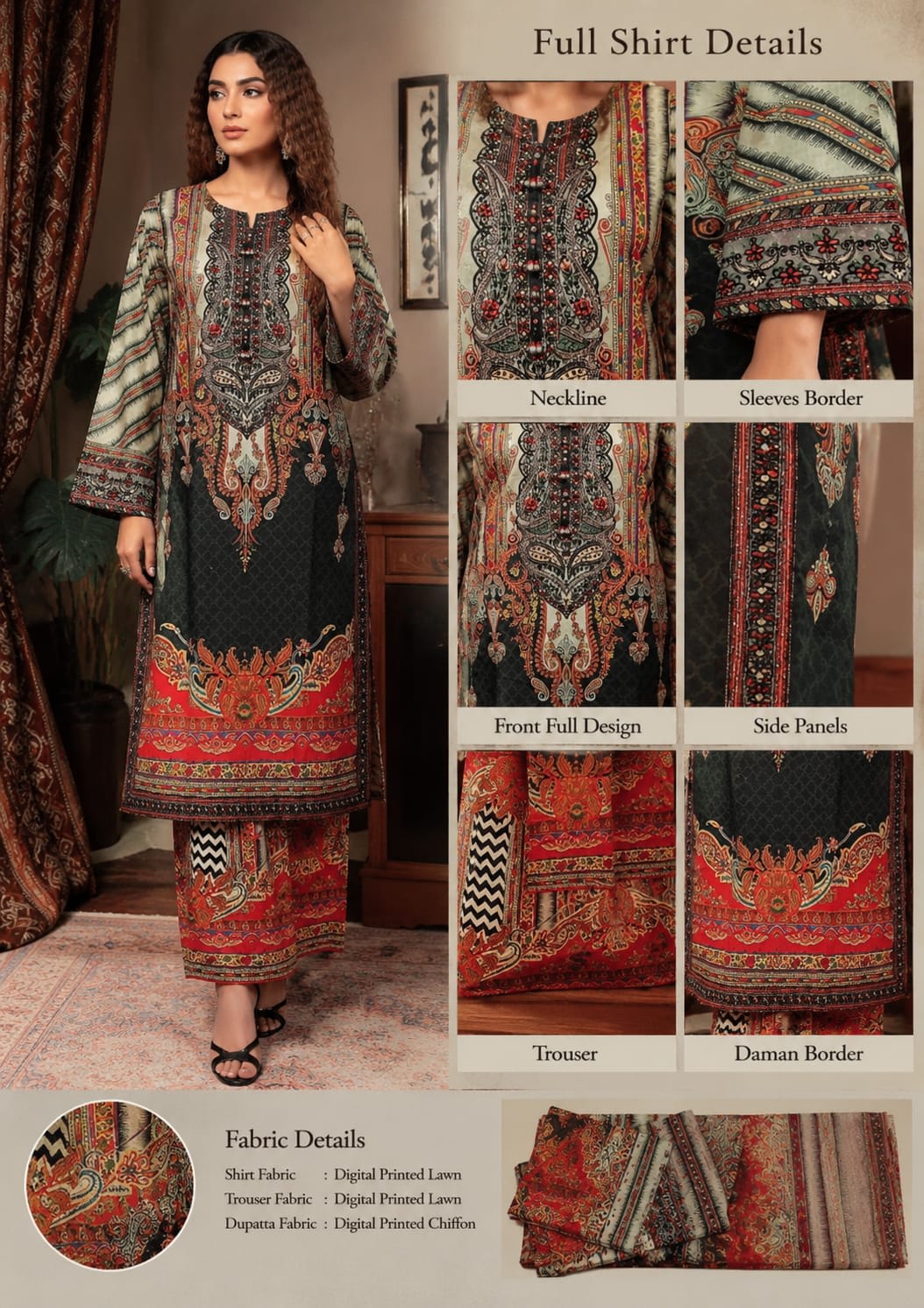 Full length front view of a model wearing an emerald green 3-piece printed floral lawn suit with a matching dupatta