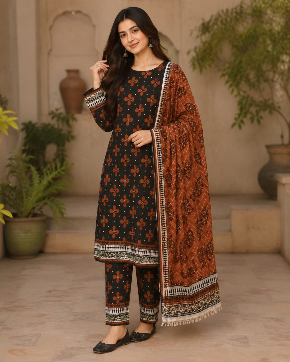 Women traditional black and rust 3 piece printed lawn suit full front view