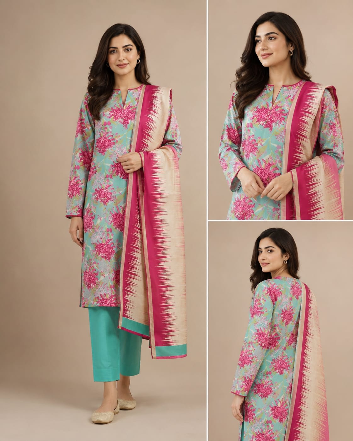 Side profile view of stitched women black and rust printed lawn suit with detailed dupatta drape