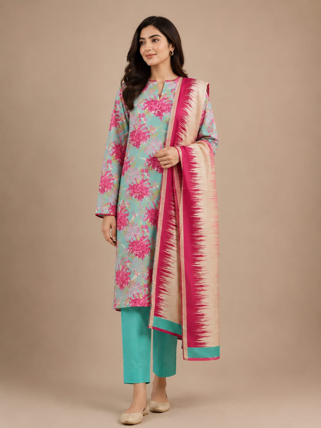 Stitched women traditional black and rust 3 piece printed lawn suit full front view