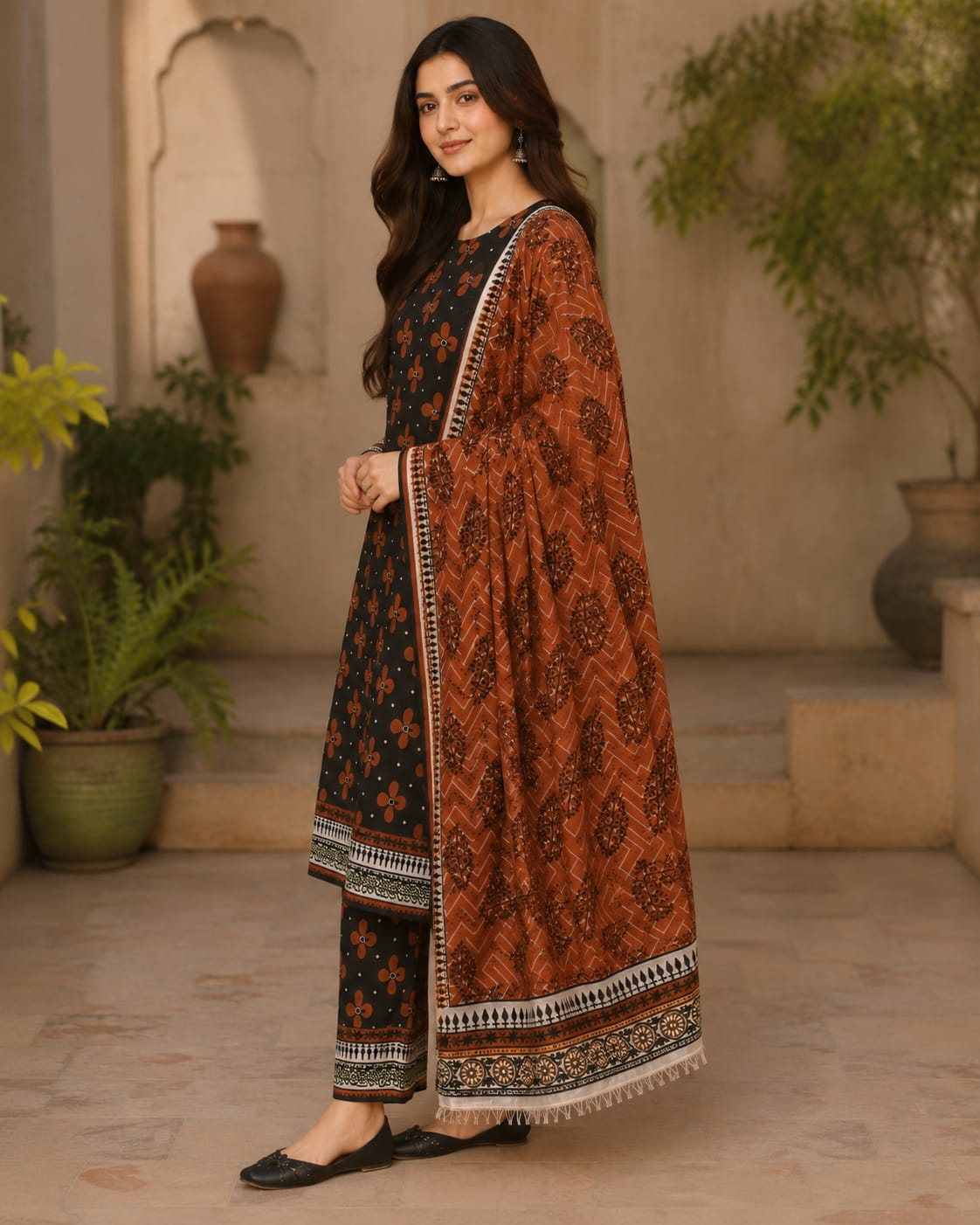 Side profile view of women black and rust printed lawn suit with detailed dupatta drape