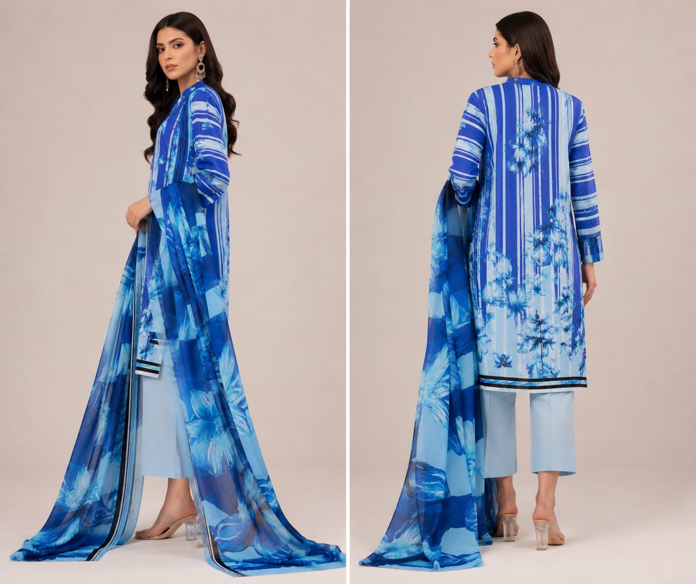 Side profile and full back view showing vertical stripe design on stitched women blue lawn suit