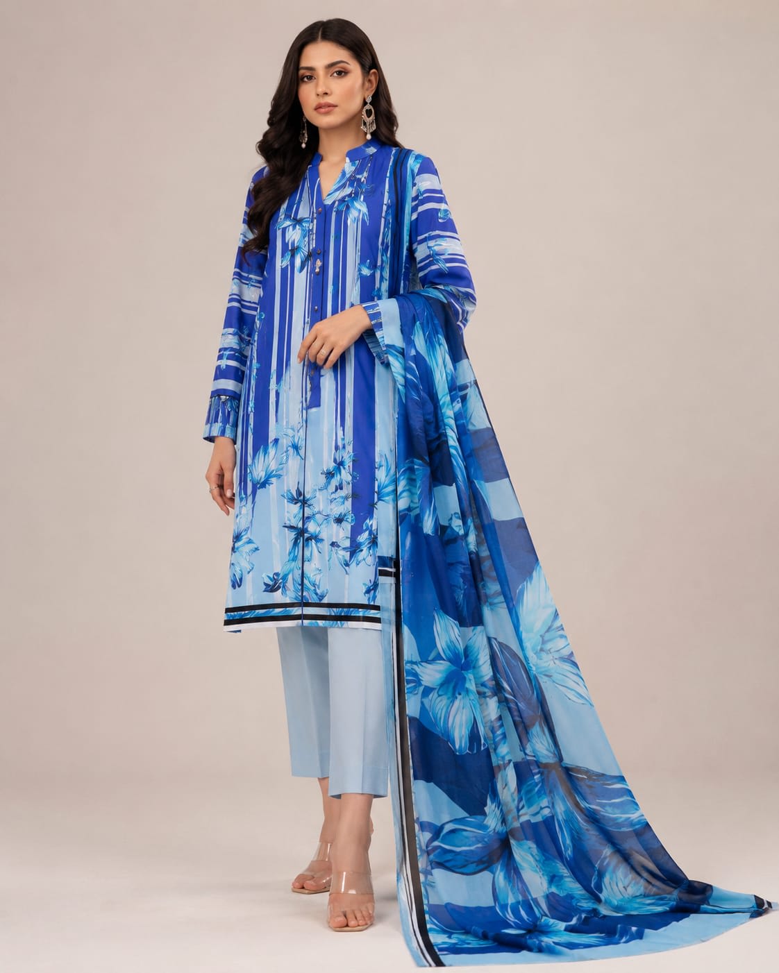 Stitched women ocean blue striped and floral printed 3 piece lawn suit front view