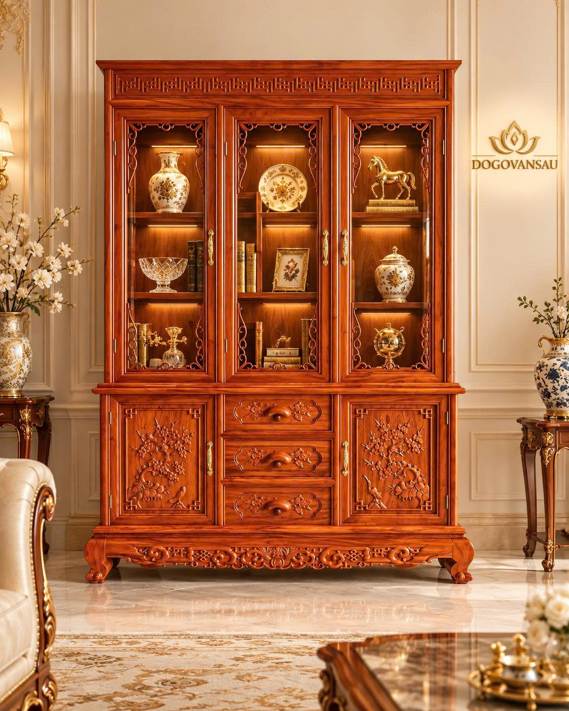 Tủ rượu 3 buồng gỗ hương – Văn Sáu Đồ Gỗ