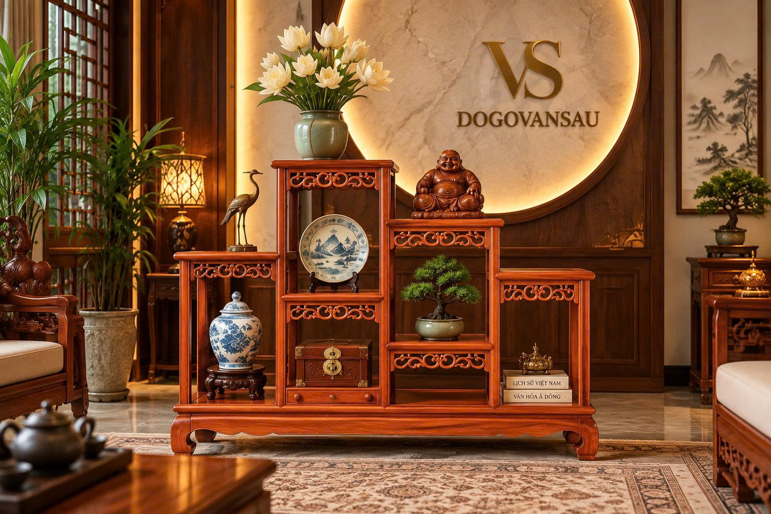 Kệ gỗ hương trang trí, nhiều tầng sang trọng – Văn Sáu Đồ Gỗ