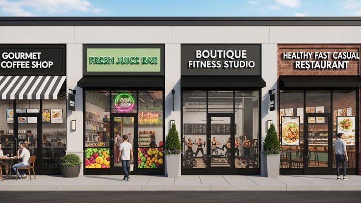 4 lifestyle stores with people chatting outside