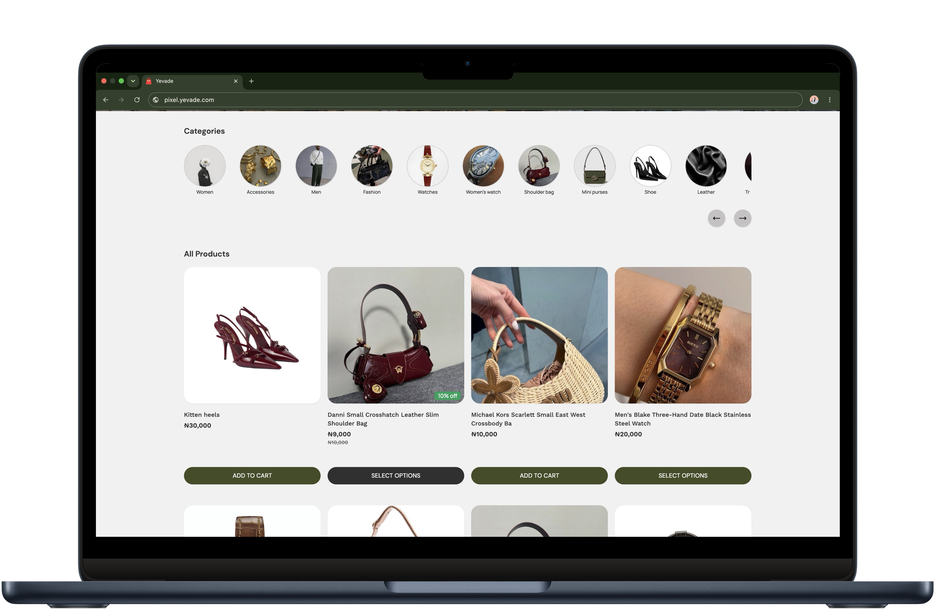 A screenshot of an online store created on Yevade