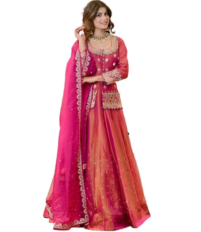 Chanderi Silk Embroidered Kurta Set with Lehenga Style Bottom & Dupatta