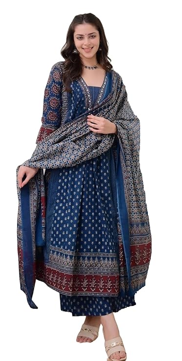 Rayon Printed Anarkali Kurta and Pant with Dupatta Set