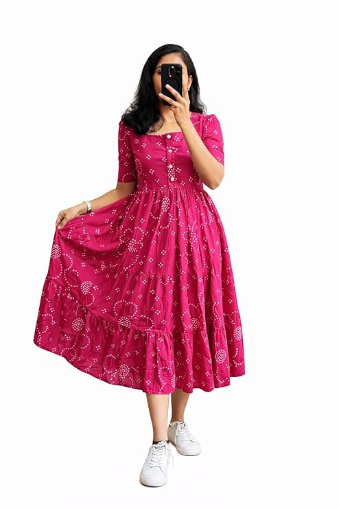 Bandhani Print Tiered Maxi Dress, Short Sleeve